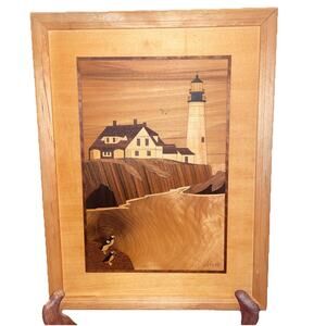 Hudson River Marquetry Wood Inlay Art Work Portland Head Lighthouse Maine Nelson